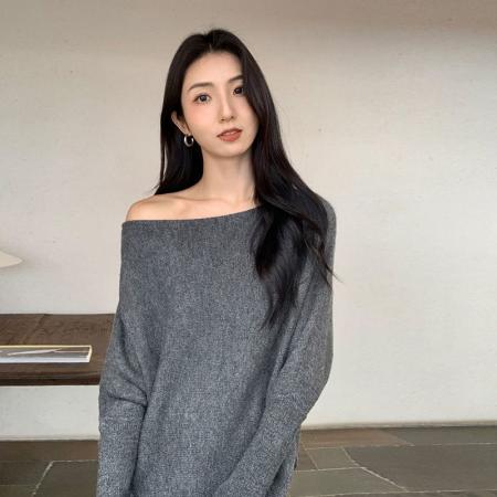 FA44425# 安迪绒长袖毛衣女装秋冬新款纯色斜领保暖针织衫上衣 服裝批發女裝批發服飾貨源