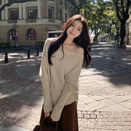 FA44425# 安迪绒长袖毛衣女装秋冬新款纯色斜领保暖针织衫上衣 服裝批發女裝批發服飾貨源