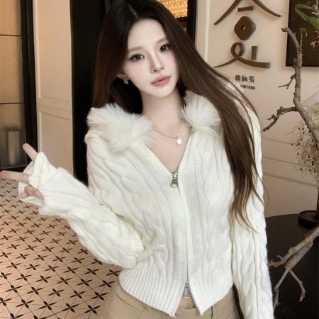 FA44436# 温柔连帽开衫拉链毛衣冬季新款优雅修身显瘦短款针织衫 服裝批發女裝批發服飾貨源