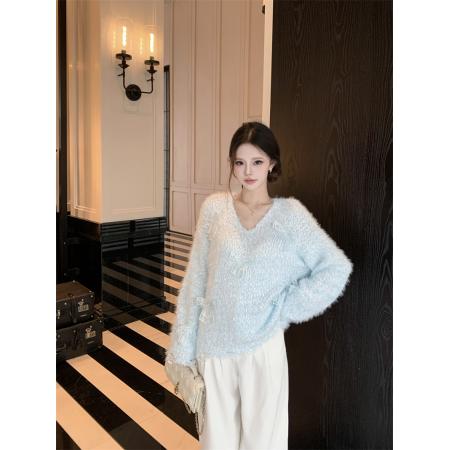 FA44437# 独特漂亮长袖V领毛衣秋冬新款温柔风甜美针织上衣女 服裝批發女裝批發服飾貨源