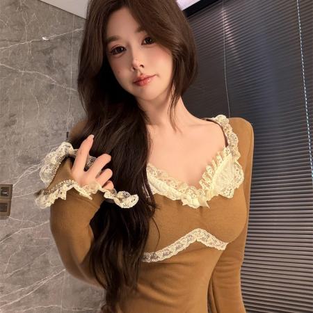 FA44438# 维斯小姐香草甜酒精致甜系少女收腰针织法蕾打底上衣女 服裝批發女裝批發服飾貨源