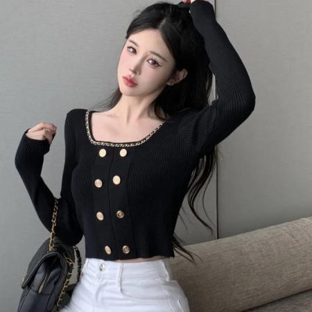 FA44446# 设计感方领修身显瘦针织打底衫性感辣妹上衣 服裝批發女裝批發服飾貨源