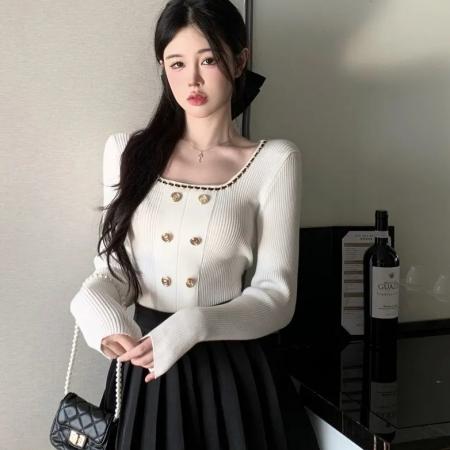 FA44446# 设计感方领修身显瘦针织打底衫性感辣妹上衣 服裝批發女裝批發服飾貨源