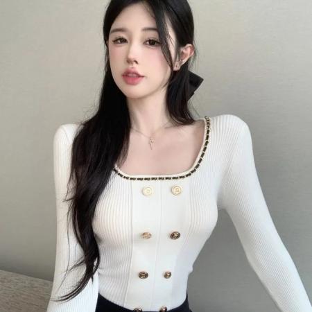 FA44446# 设计感方领修身显瘦针织打底衫性感辣妹上衣 服裝批發女裝批發服飾貨源