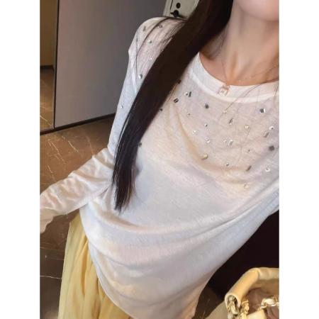 FA44448# 秋装新款薄款重工镶钻宽松圆领小个子白色上衣 服裝批發女裝批發服飾貨源