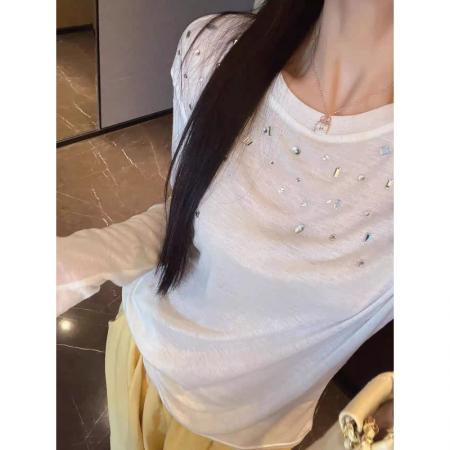 FA44448# 秋装新款薄款重工镶钻宽松圆领小个子白色上衣 服裝批發女裝批發服飾貨源