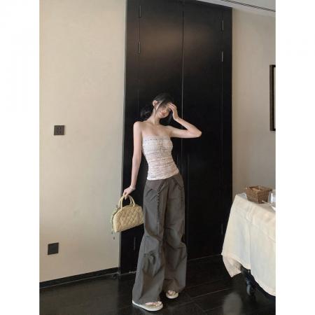 FA44449# 翻边烫钻伞兵裤夏季薄款阔腿拖地速干休闲裤 服裝批發女裝批發服飾貨源