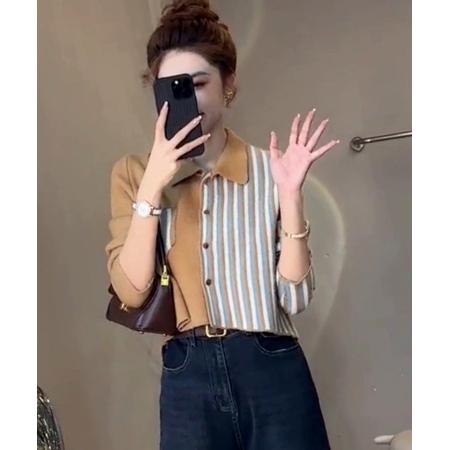 FA44450# 韩版撞色条纹拼接短款衬衫女秋新别致上衣 服裝批發女裝批發服飾貨源