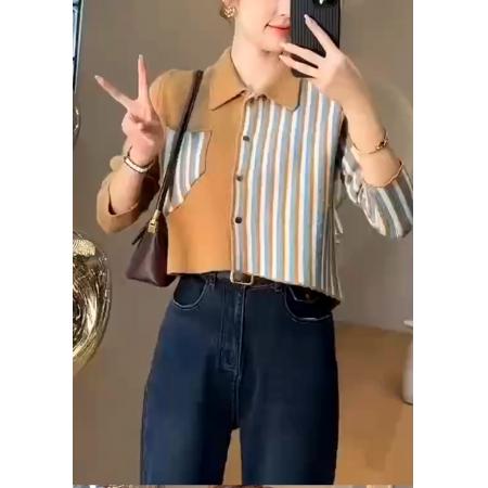 FA44450# 韩版撞色条纹拼接短款衬衫女秋新别致上衣 服裝批發女裝批發服飾貨源