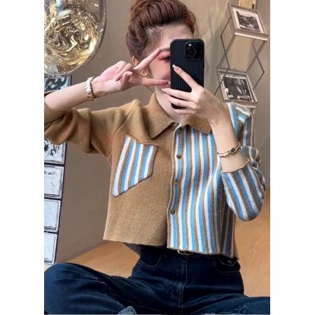 FA44450# 韩版撞色条纹拼接短款衬衫女秋新别致上衣 服裝批發女裝批發服飾貨源