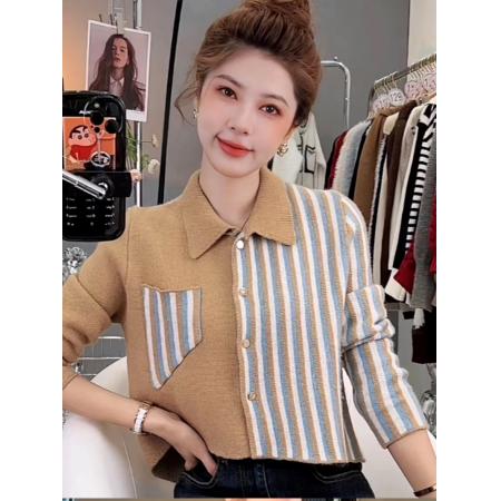 FA44450# 韩版撞色条纹拼接短款衬衫女秋新别致上衣 服裝批發女裝批發服飾貨源