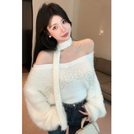 FA44452# 秋冬新款V领纯色纯欲百搭短款白色毛绒绒针织毛衣上衣 服裝批發女裝批發服飾貨源