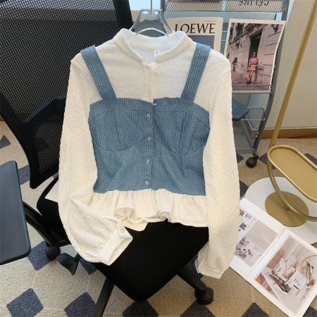 FA44456# 法式假两件衬衫设计感泡泡袖上衣牛仔拼接 服裝批發女裝批發服飾貨源
