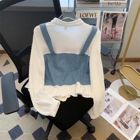 FA44456# 法式假两件衬衫设计感泡泡袖上衣牛仔拼接 服裝批發女裝批發服飾貨源