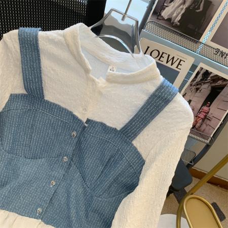 FA44456# 法式假两件衬衫设计感泡泡袖上衣牛仔拼接 服裝批發女裝批發服飾貨源