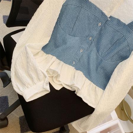 FA44456# 法式假两件衬衫设计感泡泡袖上衣牛仔拼接 服裝批發女裝批發服飾貨源