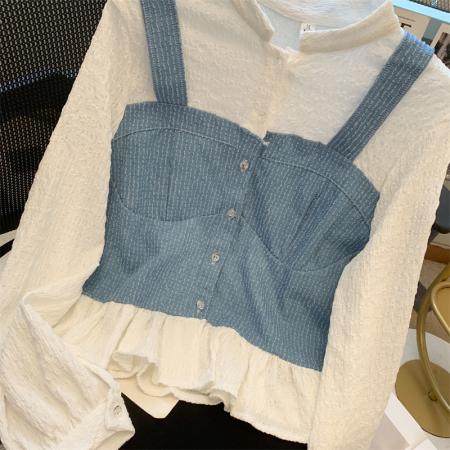 FA44456# 法式假两件衬衫设计感泡泡袖上衣牛仔拼接 服裝批發女裝批發服飾貨源