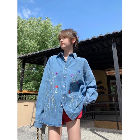 FA44457# 韩版复古藤蔓刺绣牛仔衬衫女新款早秋宽松设计感上衣外套ins 服裝批發女裝批發服飾貨源