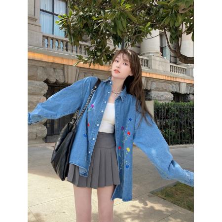 FA44457# 韩版复古藤蔓刺绣牛仔衬衫女新款早秋宽松设计感上衣外套ins 服裝批發女裝批發服飾貨源