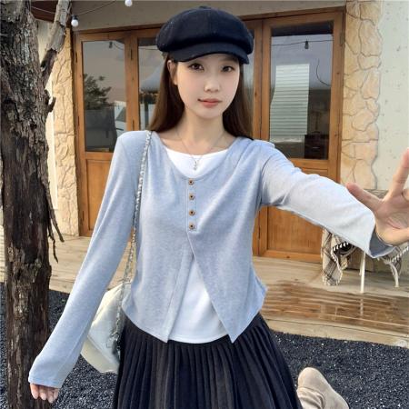 FA44459# 大码秋季气质温柔假两件撞色拼接T恤绝美内搭打底衫别致上衣 服裝批發女裝批發服飾貨源