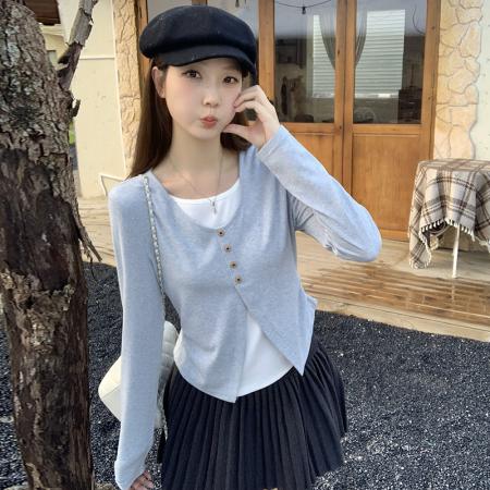 FA44459# 大码秋季气质温柔假两件撞色拼接T恤绝美内搭打底衫别致上衣 服裝批發女裝批發服飾貨源