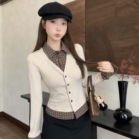 FA44461# 大码秋季韩系假两件上衣通勤格纹拼接打底衫别致polo领T恤 服裝批發女裝批發服飾貨源