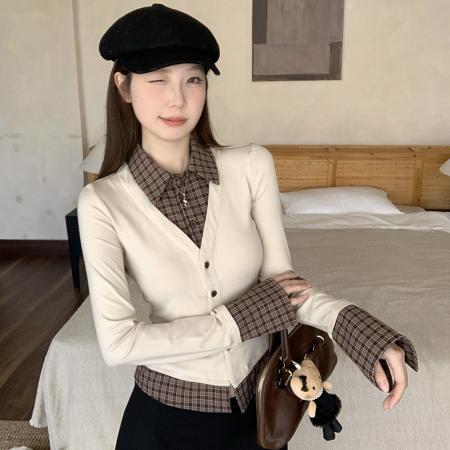 FA44461# 大码秋季韩系假两件上衣通勤格纹拼接打底衫别致polo领T恤 服裝批發女裝批發服飾貨源