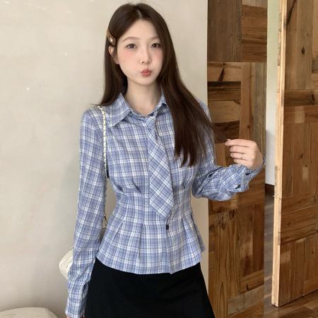 FA44463# 大码秋季简约气质格子衬衣设计感收腰polo领衬衫上衣配领带 服裝批發女裝批發服飾貨源