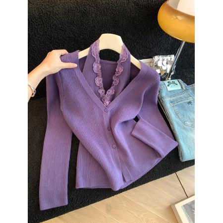 FA44471# 新款韩版修身蕾丝拼接假两件挂脖显瘦百搭针织衫 服裝批發女裝批發服飾貨源