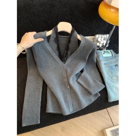 FA44471# 新款韩版修身蕾丝拼接假两件挂脖显瘦百搭针织衫 服裝批發女裝批發服飾貨源