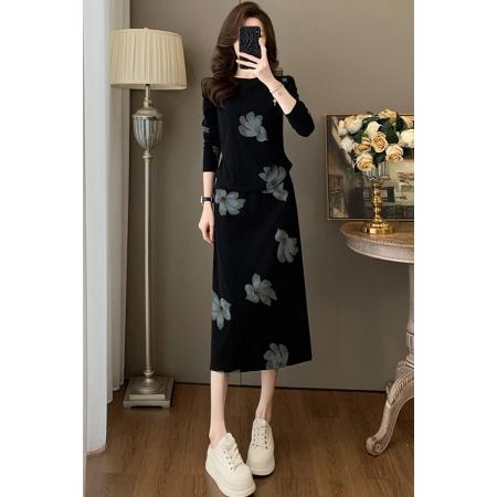 FA44474# 纯棉秋季新款高级感印花洋气上衣高腰半身裙两件套女士 服裝批發女裝批發服飾貨源