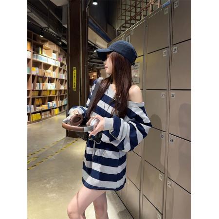 FA44477# 韩系甜酷辣妹条纹套装女春秋季新款减龄露肩上衣包臀裙两件套女 服裝批發女裝批發服飾貨源