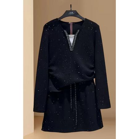 FA44478# 小个子简约风套装女秋季新款拼接长袖上衣短裙两件套 服裝批發女裝批發服飾貨源