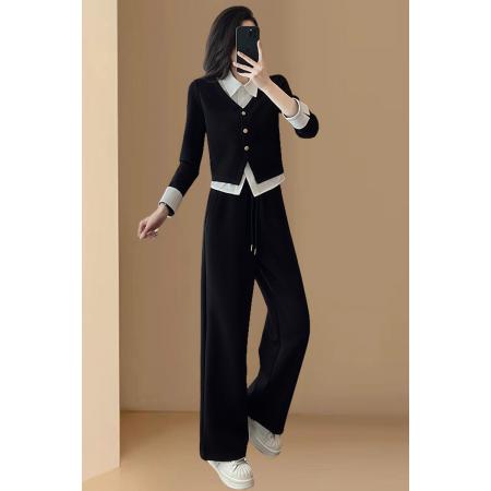 FA44479# 高含棉时尚套装女春秋新款设计感假两件上衣长裤两件套 服裝批發女裝批發服飾貨源