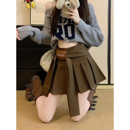 FA44486# 美式复古褶皱半身裙女秋季高腰百搭A字裙包臀防走光短裙 服裝批發女裝批發服飾貨源