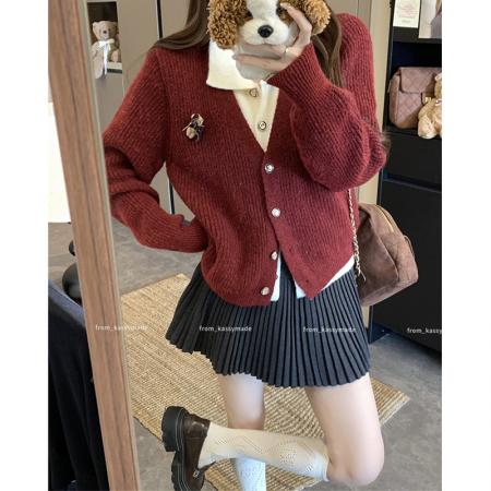 FA44487# 美拉德翻领正肩毛衣外套女新款假两件针织开衫 服裝批發女裝批發服飾貨源