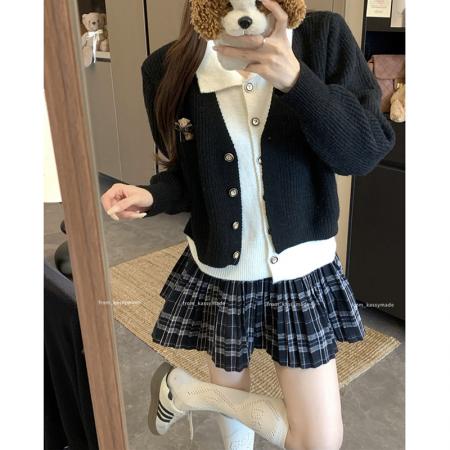 FA44487# 美拉德翻领正肩毛衣外套女新款假两件针织开衫 服裝批發女裝批發服飾貨源