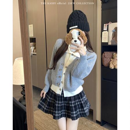 FA44487# 美拉德翻领正肩毛衣外套女新款假两件针织开衫 服裝批發女裝批發服飾貨源
