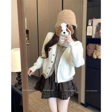 FA44487# 美拉德翻领正肩毛衣外套女新款假两件针织开衫 服裝批發女裝批發服飾貨源