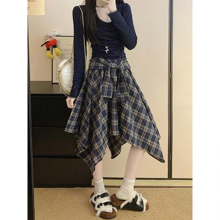 FA44490# 显瘦格子不规则秋季新款韩系时尚绑带设计感半身裙女 服裝批發女裝批發服飾貨源