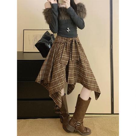 FA44490# 显瘦格子不规则秋季新款韩系时尚绑带设计感半身裙女 服裝批發女裝批發服飾貨源