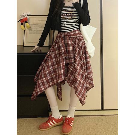 FA44490# 显瘦格子不规则秋季新款韩系时尚绑带设计感半身裙女 服裝批發女裝批發服飾貨源
