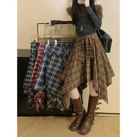 FA44490# 显瘦格子不规则秋季新款韩系时尚绑带设计感半身裙女 服裝批發女裝批發服飾貨源