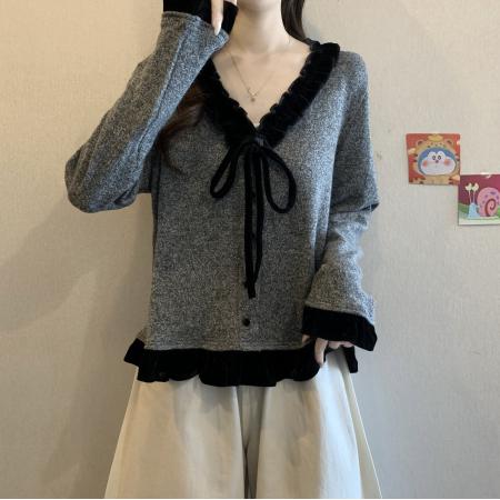 FA44501# 大码胖MM秋冬新款设计感法式蝴蝶结V领长袖甜美洋气减龄上衣 服裝批發女裝批發服飾貨源