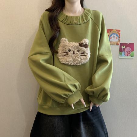 FA44503# 大码胖MM秋冬新款绿色毛绒猫咪刺绣卫衣减龄显瘦百搭上衣女 服裝批發女裝批發服飾貨源