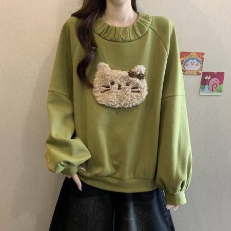 FA44503# 大码胖MM秋冬新款绿色毛绒猫咪刺绣卫衣减龄显瘦百搭上衣女 服裝批發女裝批發服飾貨源