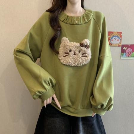 FA44503# 大码胖MM秋冬新款绿色毛绒猫咪刺绣卫衣减龄显瘦百搭上衣女 服裝批發女裝批發服飾貨源
