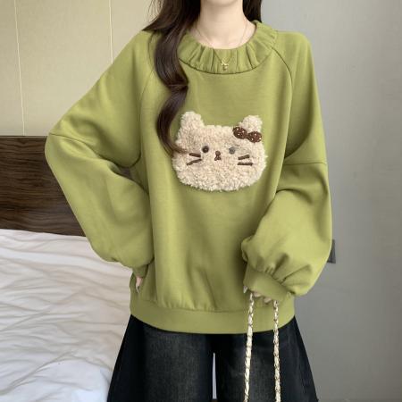 FA44503# 大码胖MM秋冬新款绿色毛绒猫咪刺绣卫衣减龄显瘦百搭上衣女 服裝批發女裝批發服飾貨源