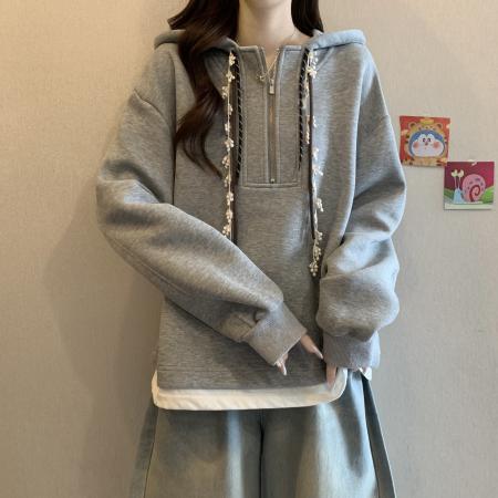 FA44504# 大码胖MM秋冬新款时尚设计感宽松连帽卫衣遮肉显瘦百搭上衣 服裝批發女裝批發服飾貨源