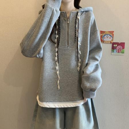 FA44504# 大码胖MM秋冬新款时尚设计感宽松连帽卫衣遮肉显瘦百搭上衣 服裝批發女裝批發服飾貨源